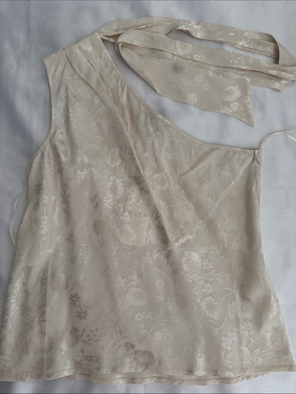 Wayf One-Shoulder Floral Satin Dress Top in Light Beige